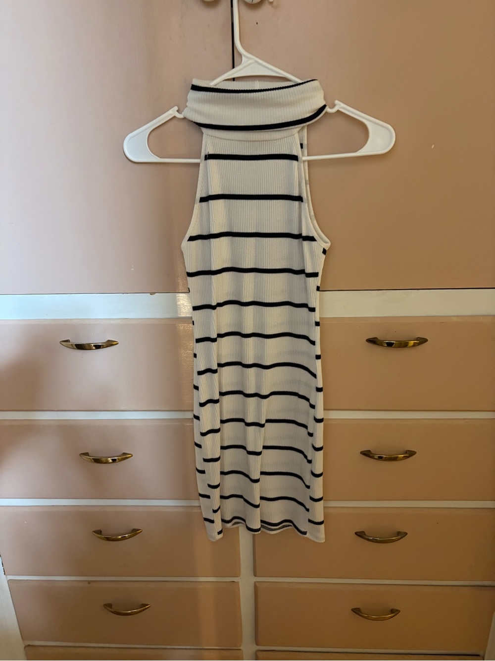 Forever 21 Cream and Black Striped Turtleneck Ribbed Midi Dress